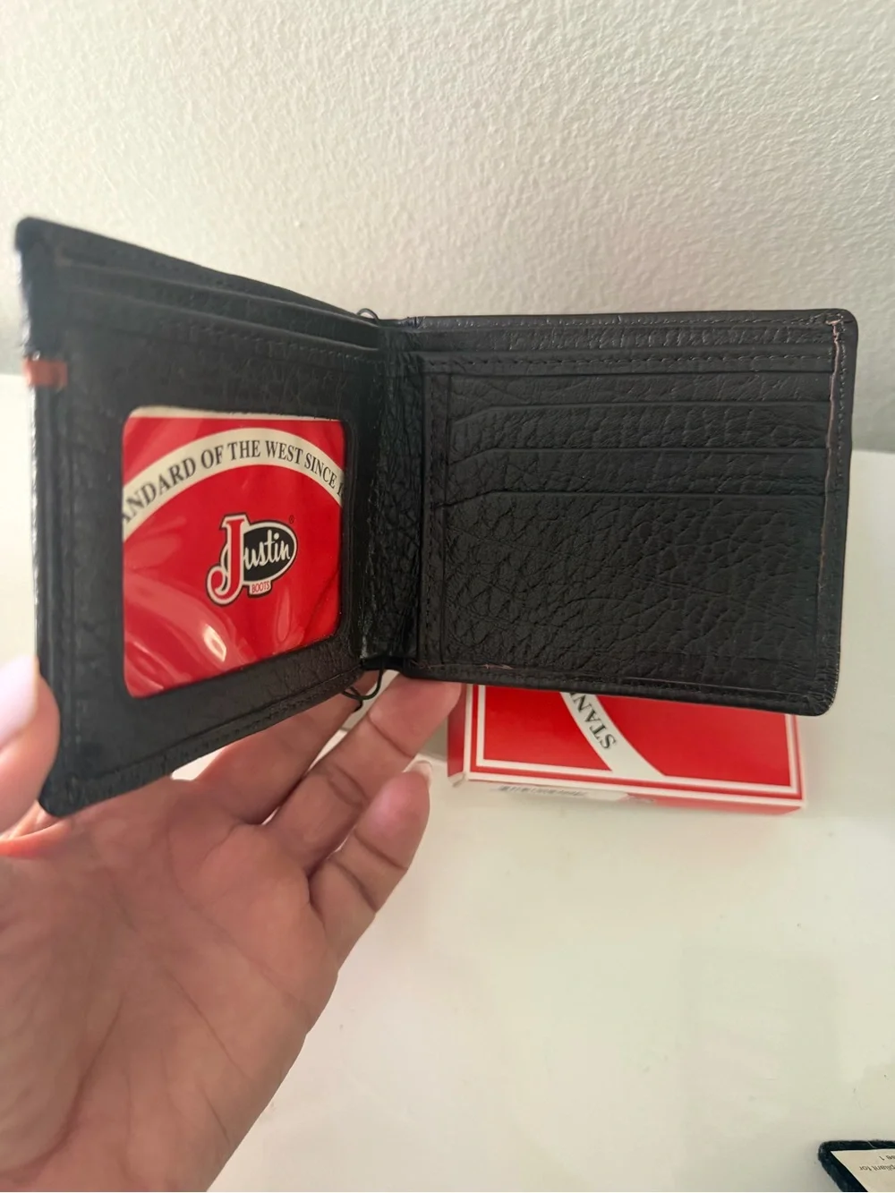 Justin Boots Black Wallet with cognac Accent Stitching New